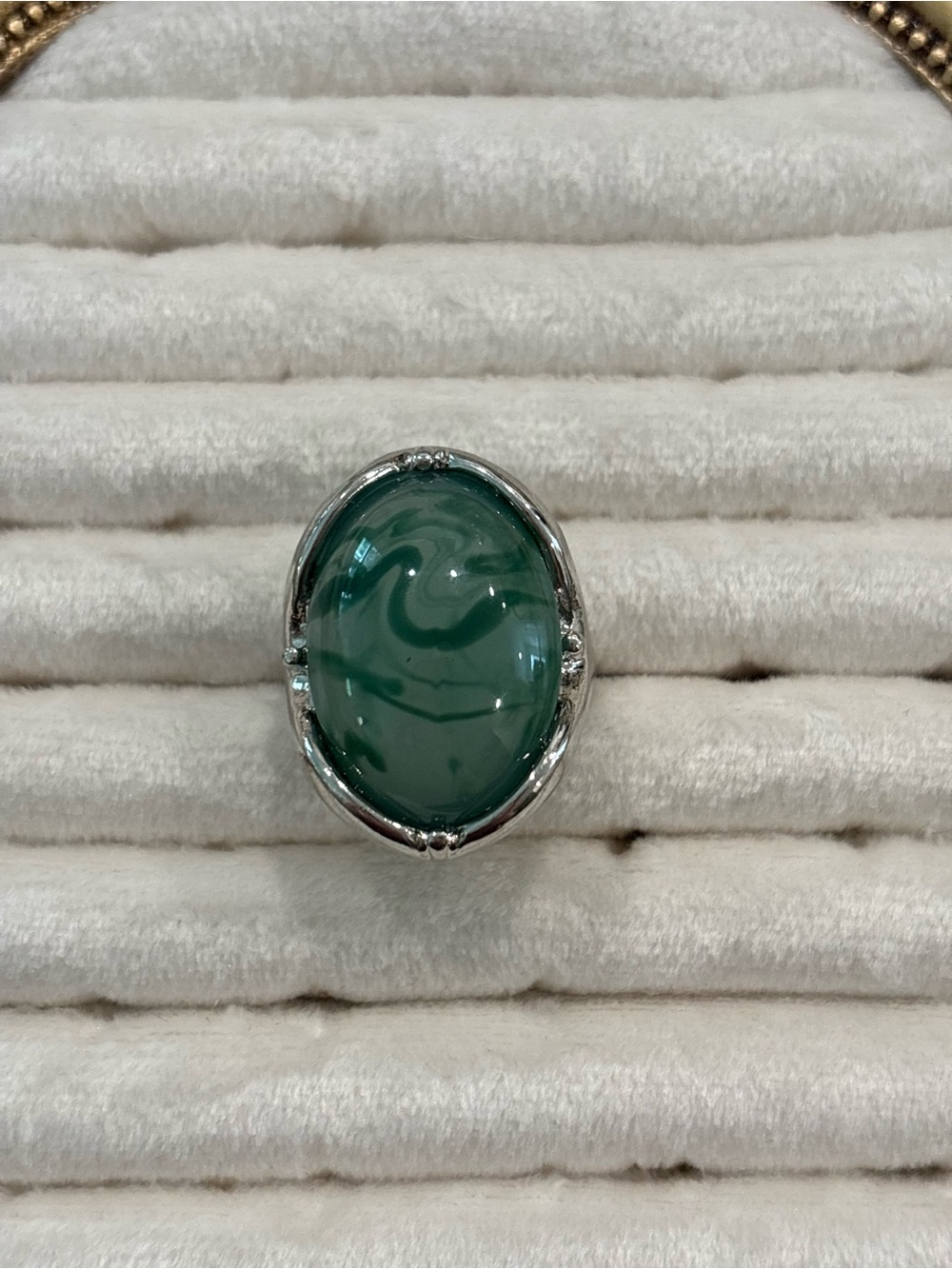 Green Oval Stone Ring in Silver-Tone Setting